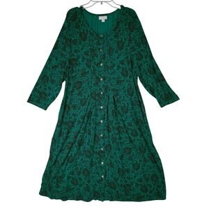 J Jill Midi Dress sz L Women Floral Hunter Green Long Sleeve Cottagecore Prairie